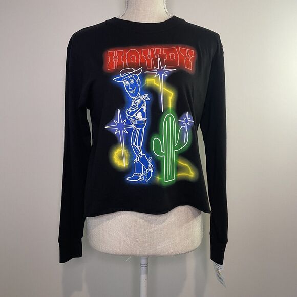 NWT Disney Pixar Toy Story Woody Howdy Neon Long Sleeve Crop Tee Women's Small - Picture 1 of 7